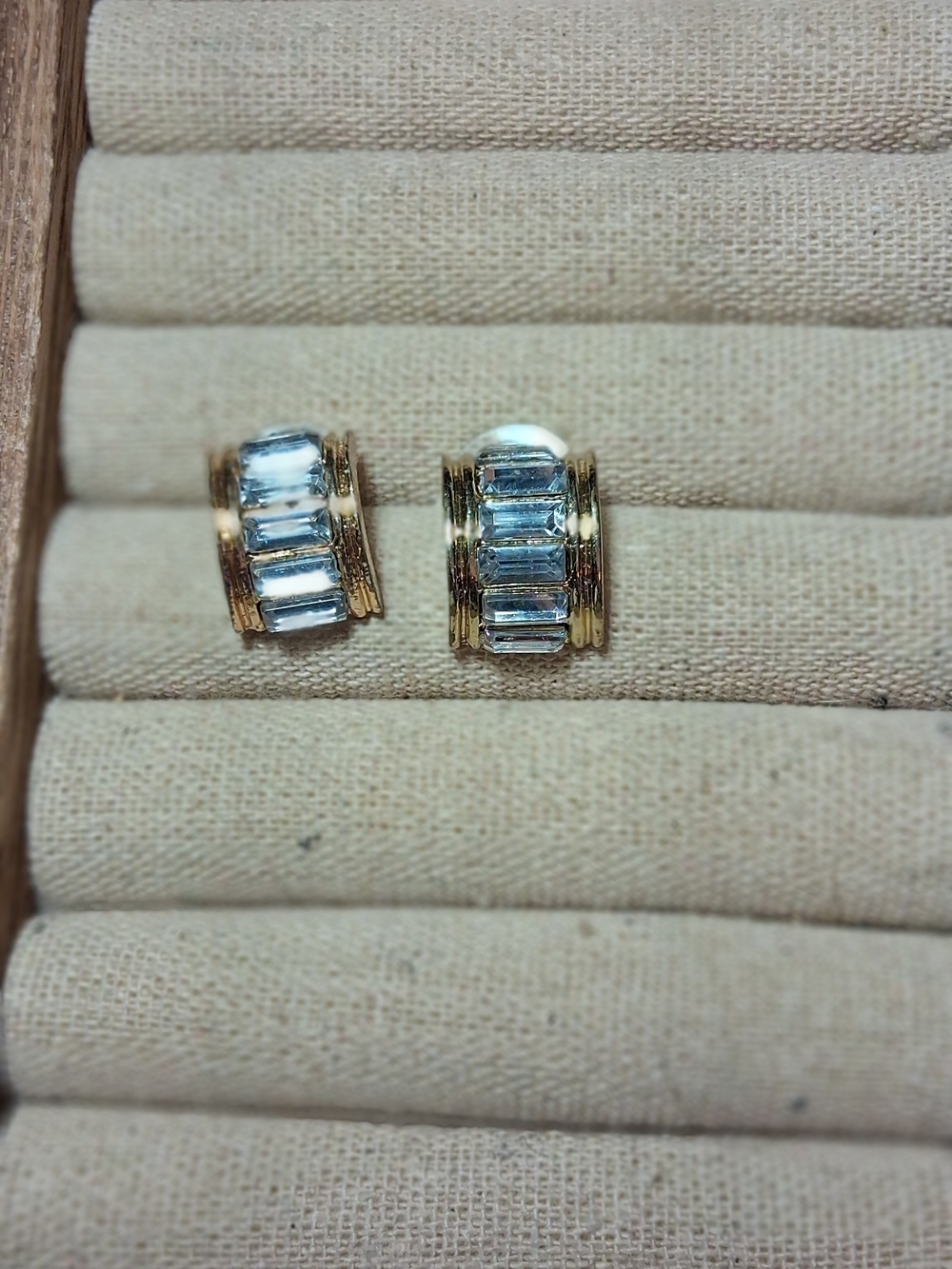 Gold Huggie Earrings with Clear Baguette Stones